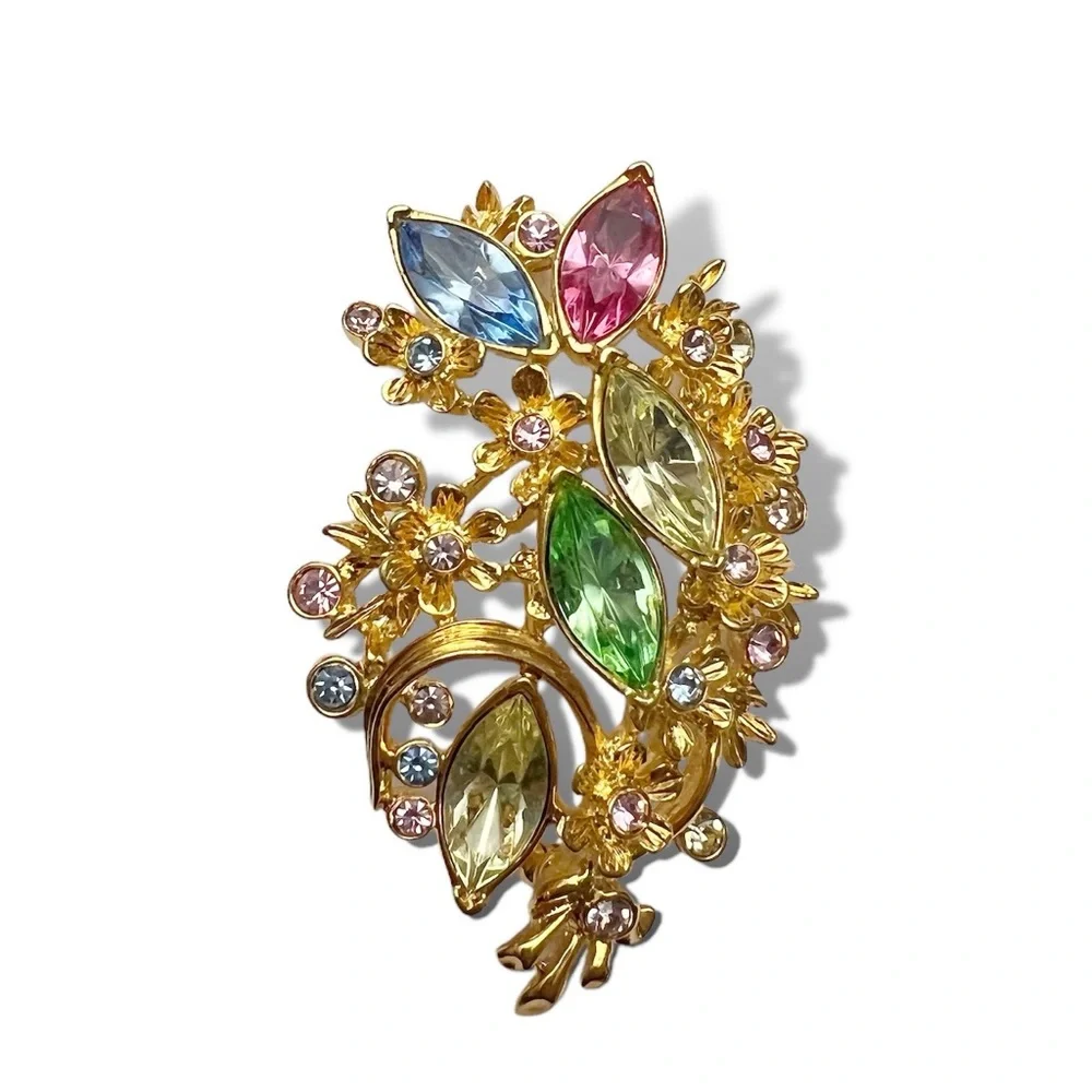 Vintage Diedre Hall Signed Multicolor Pastel Rhinestone Floral Branch Pin Brooch